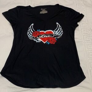 Women’s Black V-Neck 'Love' Winged Heart Graphic Tee